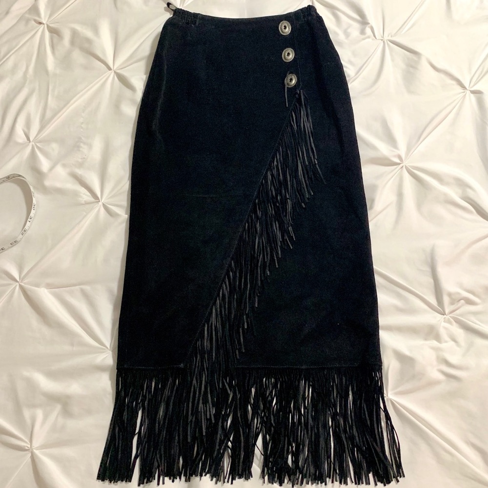 Vintage Black Leather Fringe Rodeo Western Skirt